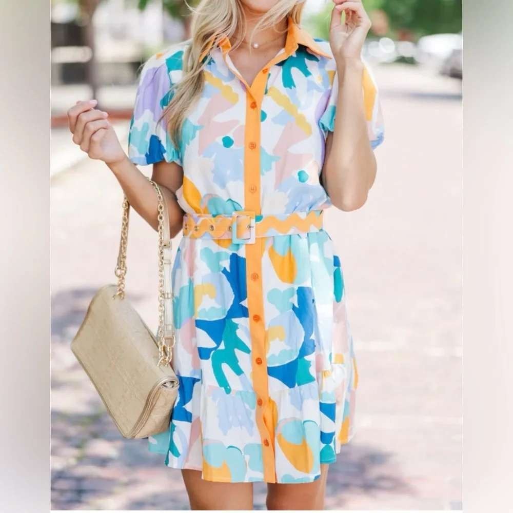 Ultramarine Abstract Print Linen Blend Belted Mini Dress Art Deco Eclectic Mod M